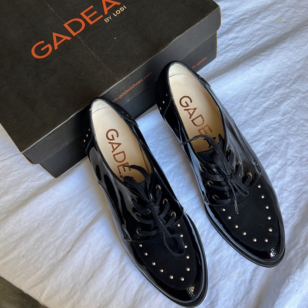 Fades by Lodi block 3” heel shoes classic laced black leather sz.39 glossy Spain - Picture 3 of 17